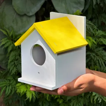 White Wooden Bird House With Yellow Roof